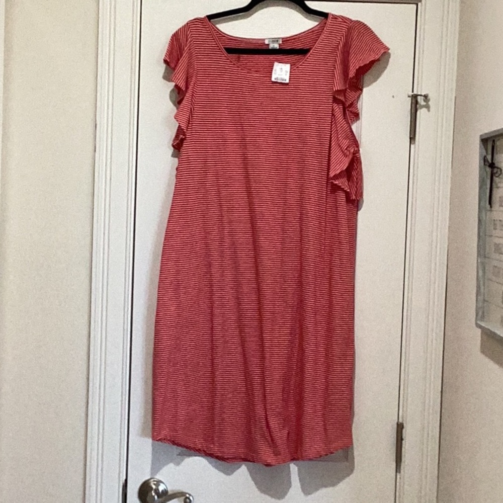 J. Crew Red and Pink stripe Ruffled Cap Sleeve Tunic